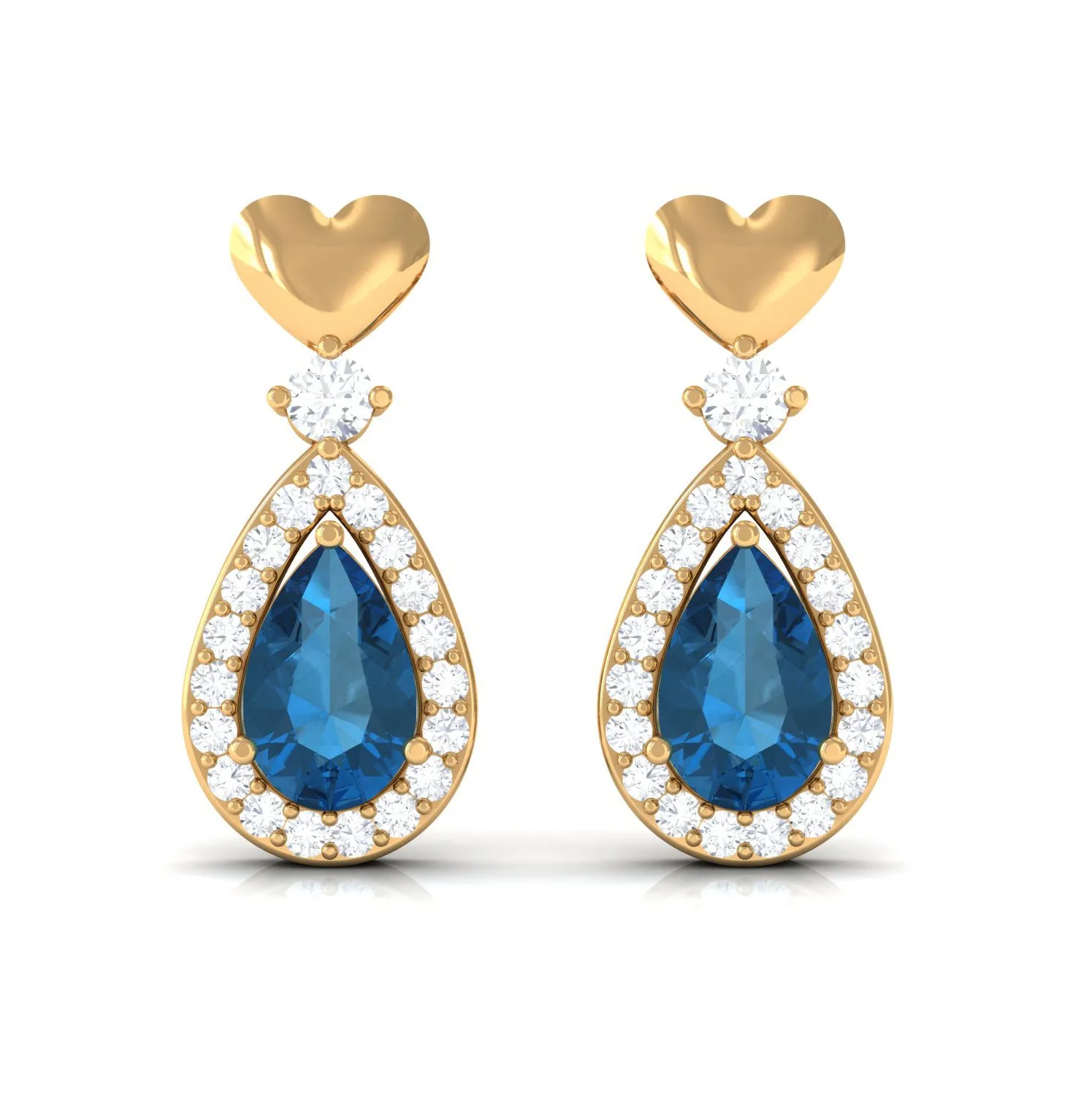 Pear Cut London Blue Topaz Bridal Drop Earrings with Diamond Halo