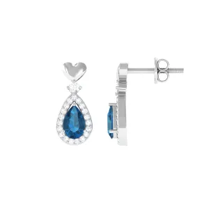 Pear Cut London Blue Topaz Bridal Drop Earrings with Diamond Halo