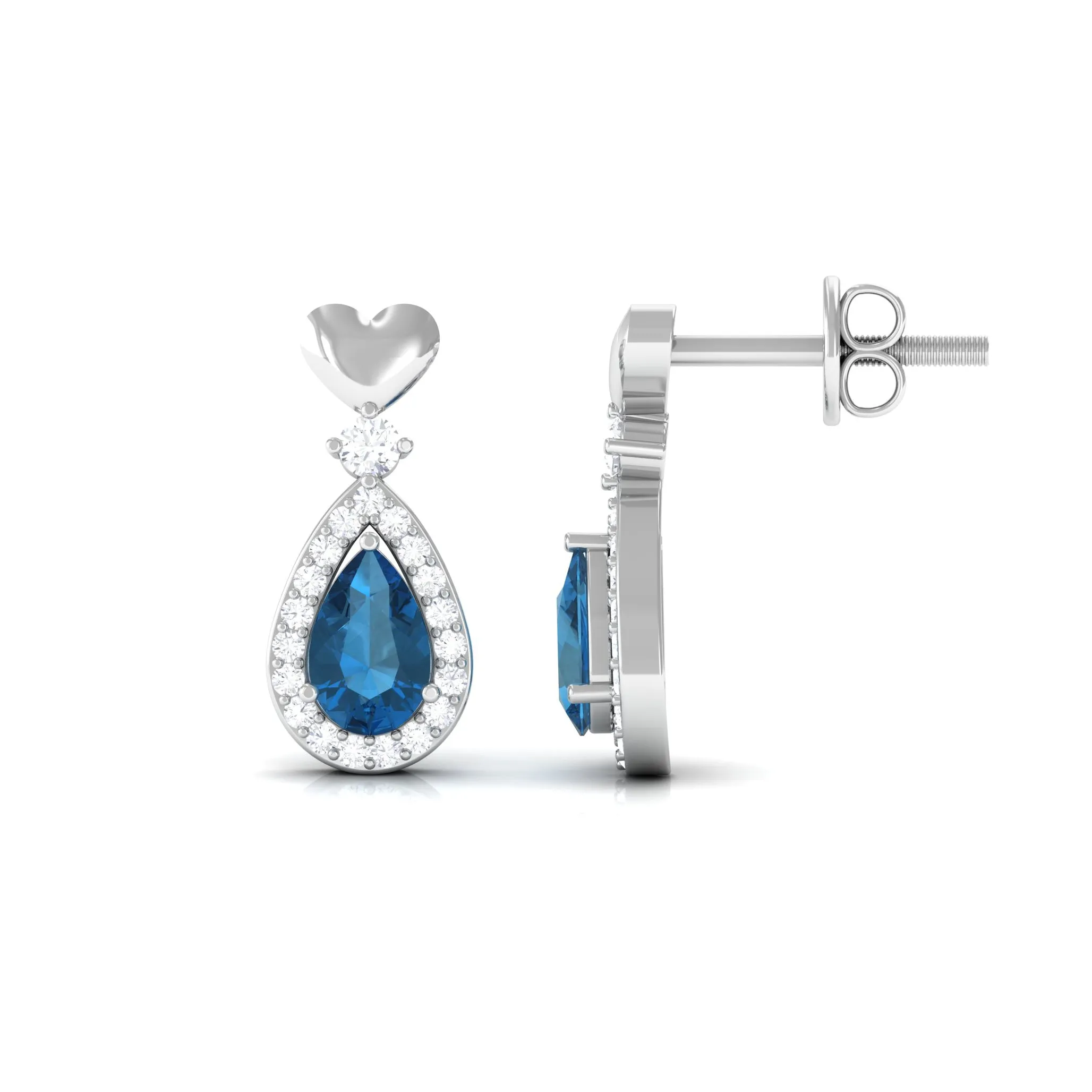 Pear Cut London Blue Topaz Bridal Drop Earrings with Diamond Halo