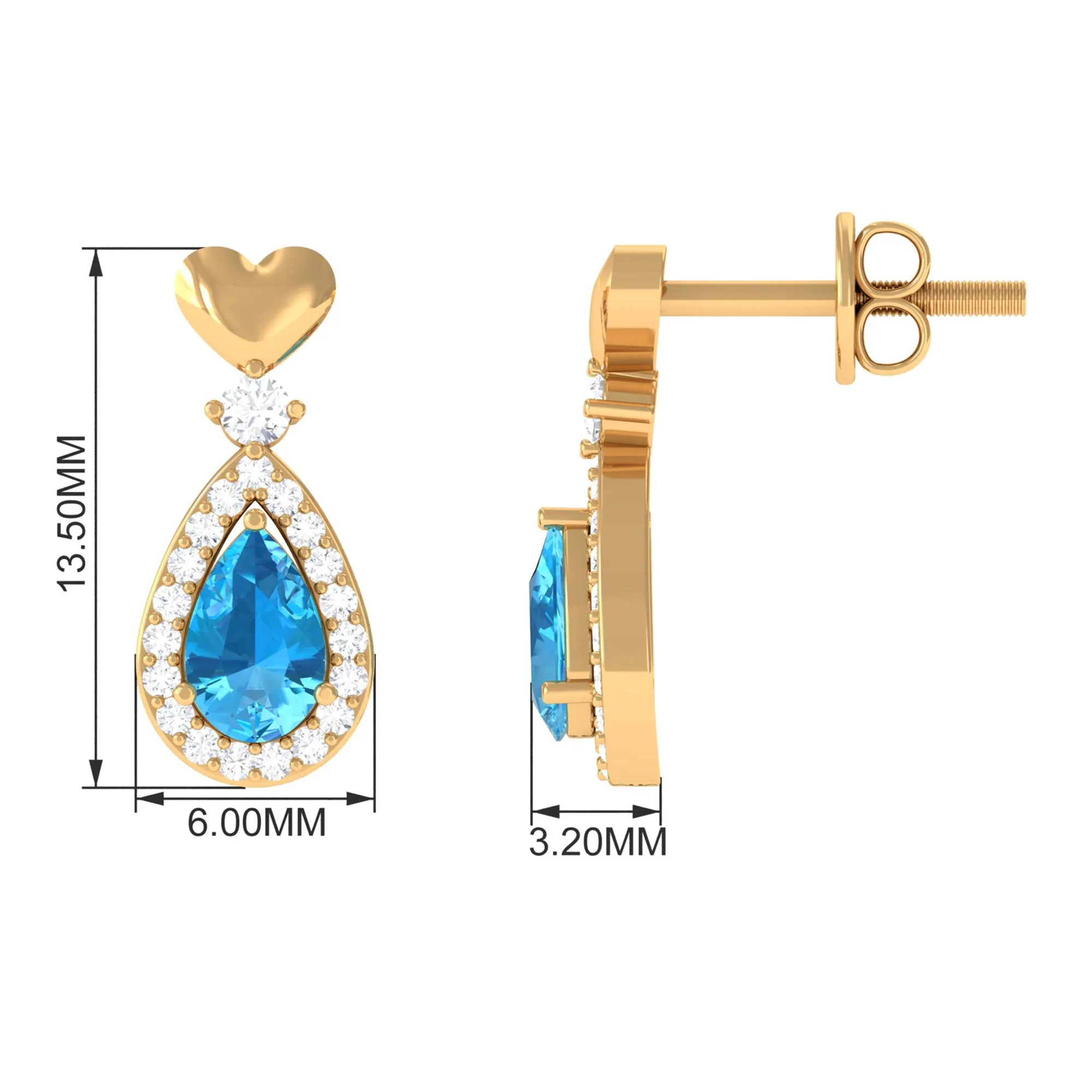 Pear Cut Swiss Blue Topaz Bridal Drop Earrings with Diamond Halo