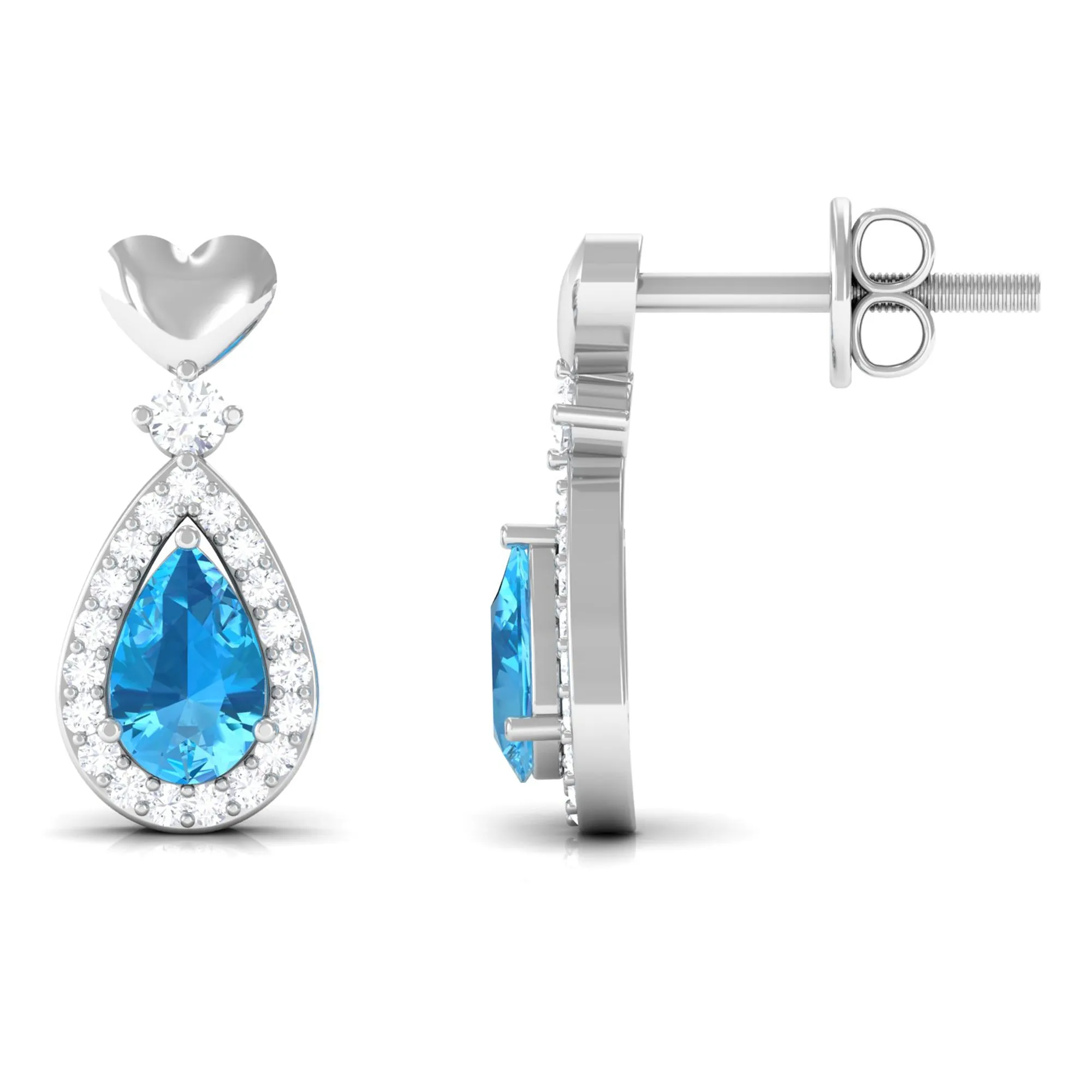 Pear Cut Swiss Blue Topaz Bridal Drop Earrings with Diamond Halo