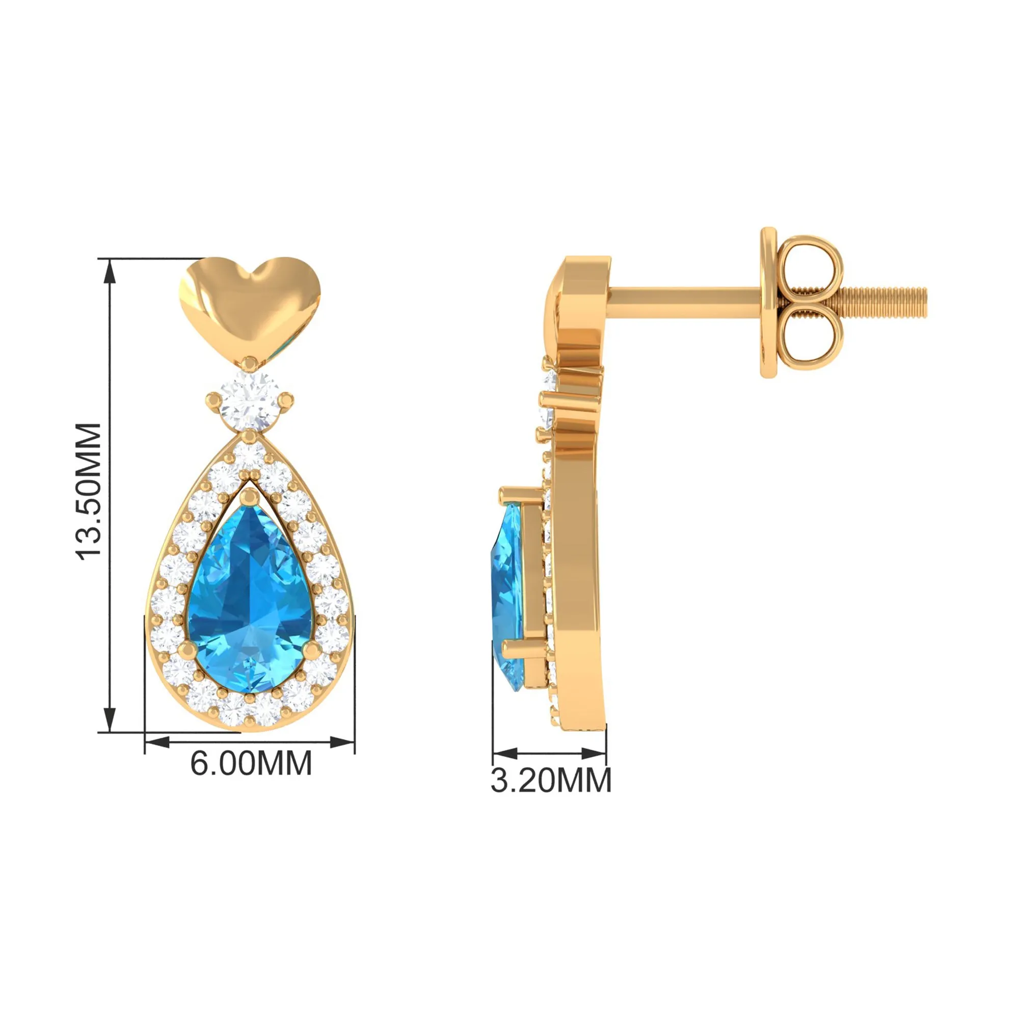 Pear Cut Swiss Blue Topaz Bridal Drop Earrings with Diamond Halo