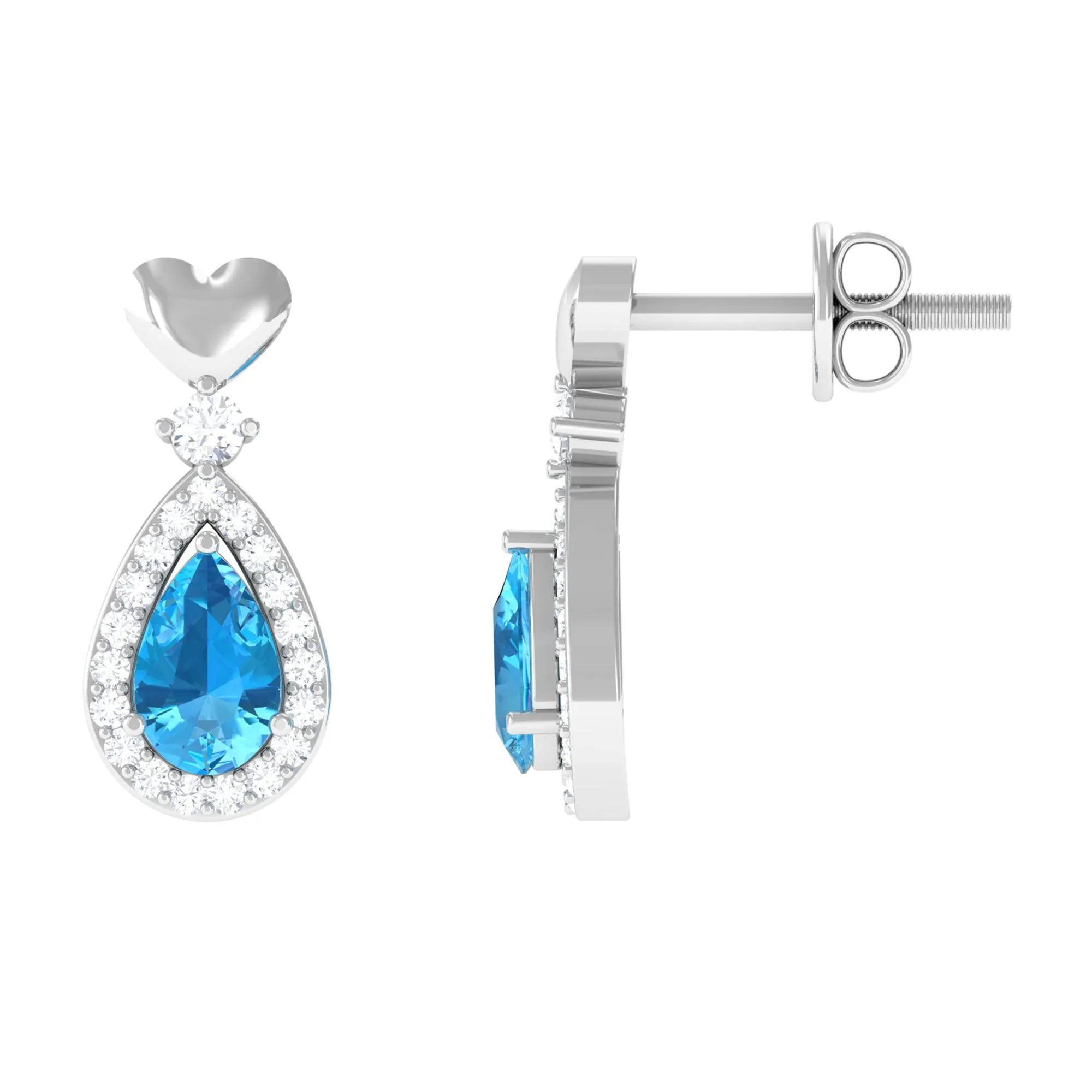 Pear Cut Swiss Blue Topaz Bridal Drop Earrings with Diamond Halo