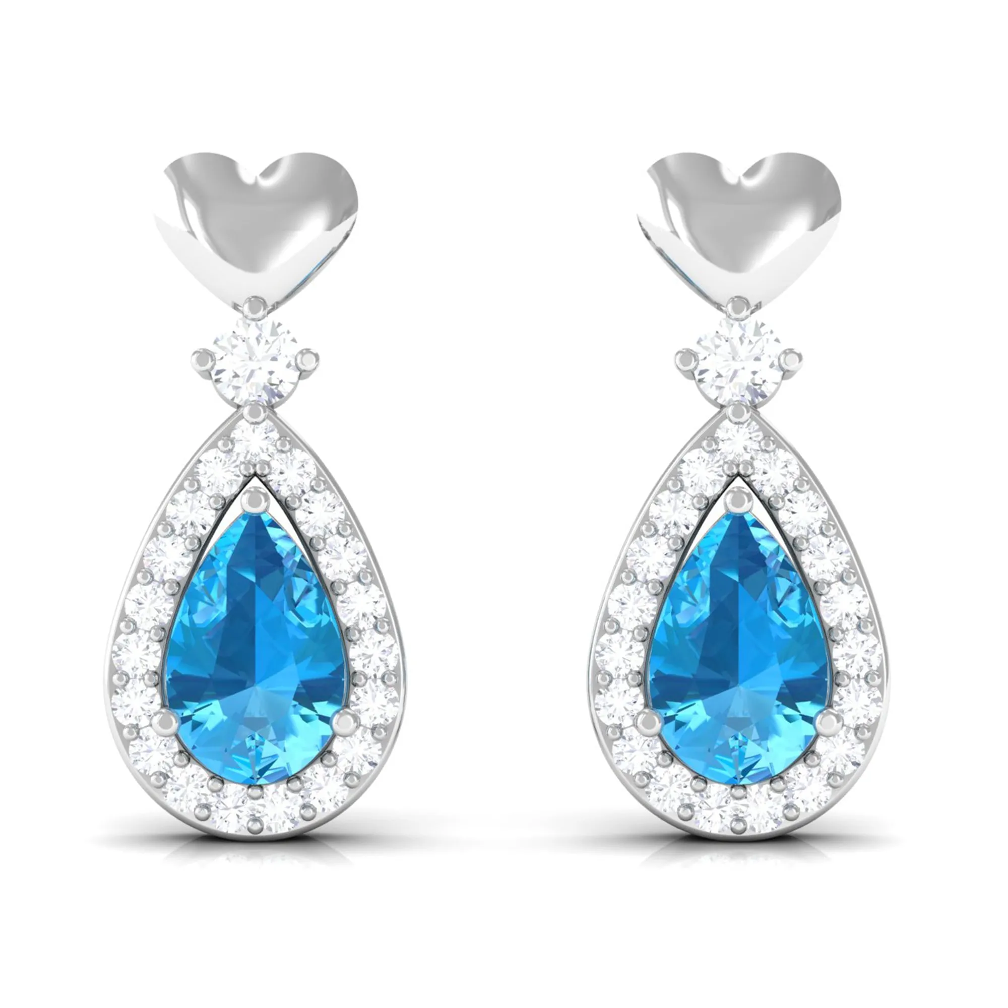 Pear Cut Swiss Blue Topaz Bridal Drop Earrings with Diamond Halo