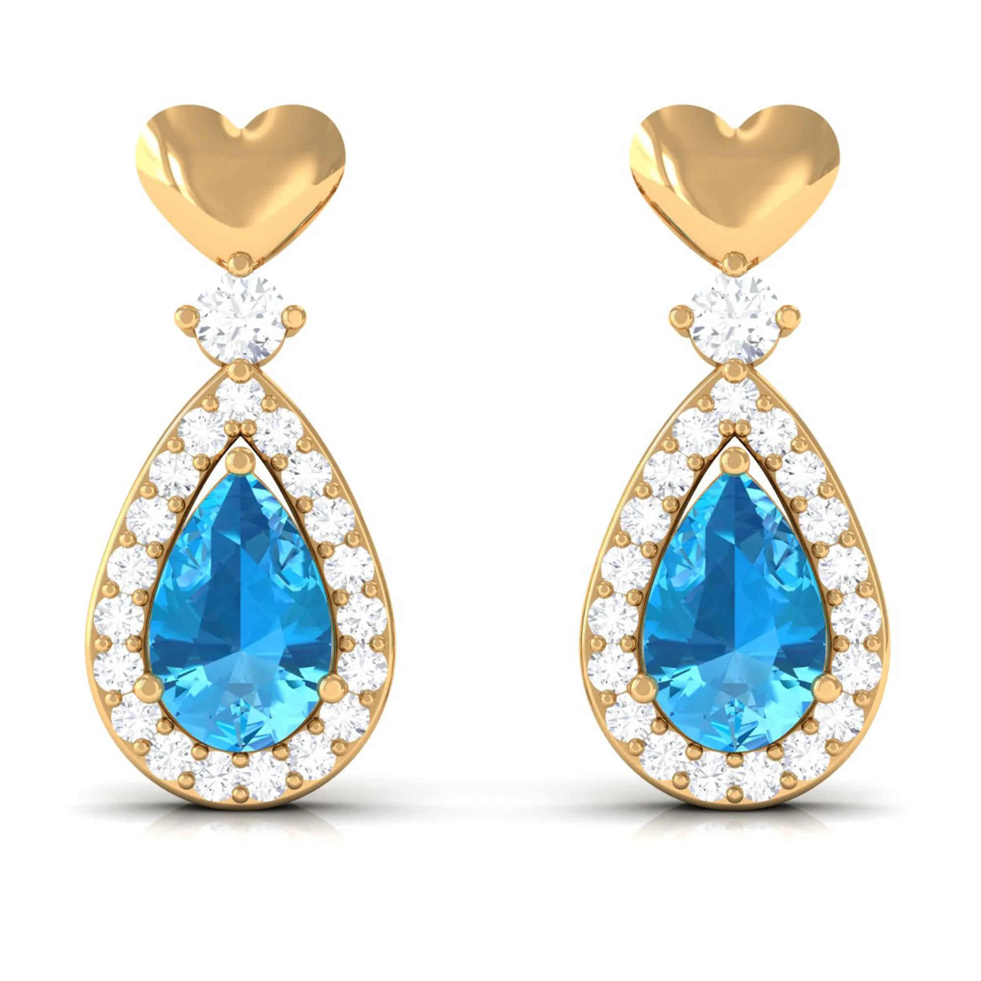 Pear Cut Swiss Blue Topaz Bridal Drop Earrings with Diamond Halo