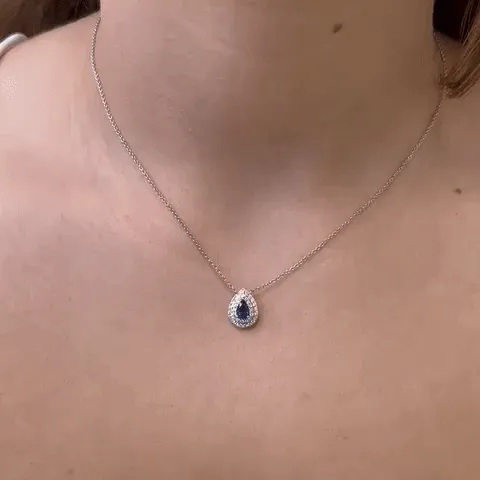 Pear Shape Blue Sapphire With Diamond Halo Necklace (0.73 ct.) in 18K Gold