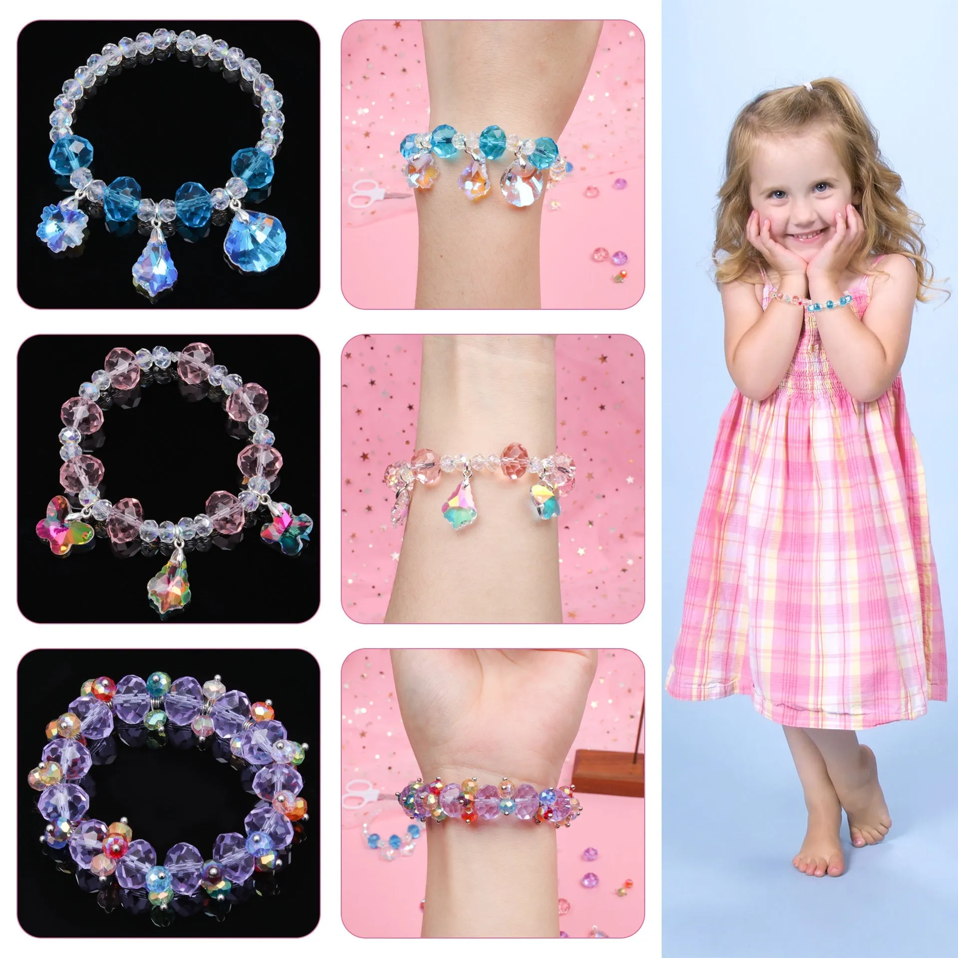 Pink Colorful Crystal DIY Beaded Bracelet Sweet Children's Bracelet Exquisite Storage Accessories Suit for Women