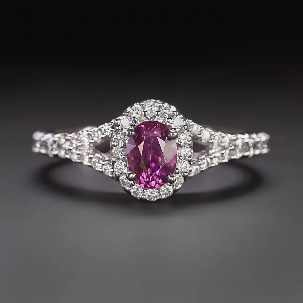 PINK SAPPHIRE DIAMOND COCKTAIL RING OVAL SHAPE HALO SPLIT SHANK 14k WHITE GOLD