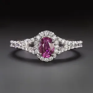 PINK SAPPHIRE DIAMOND COCKTAIL RING OVAL SHAPE HALO SPLIT SHANK 14k WHITE GOLD