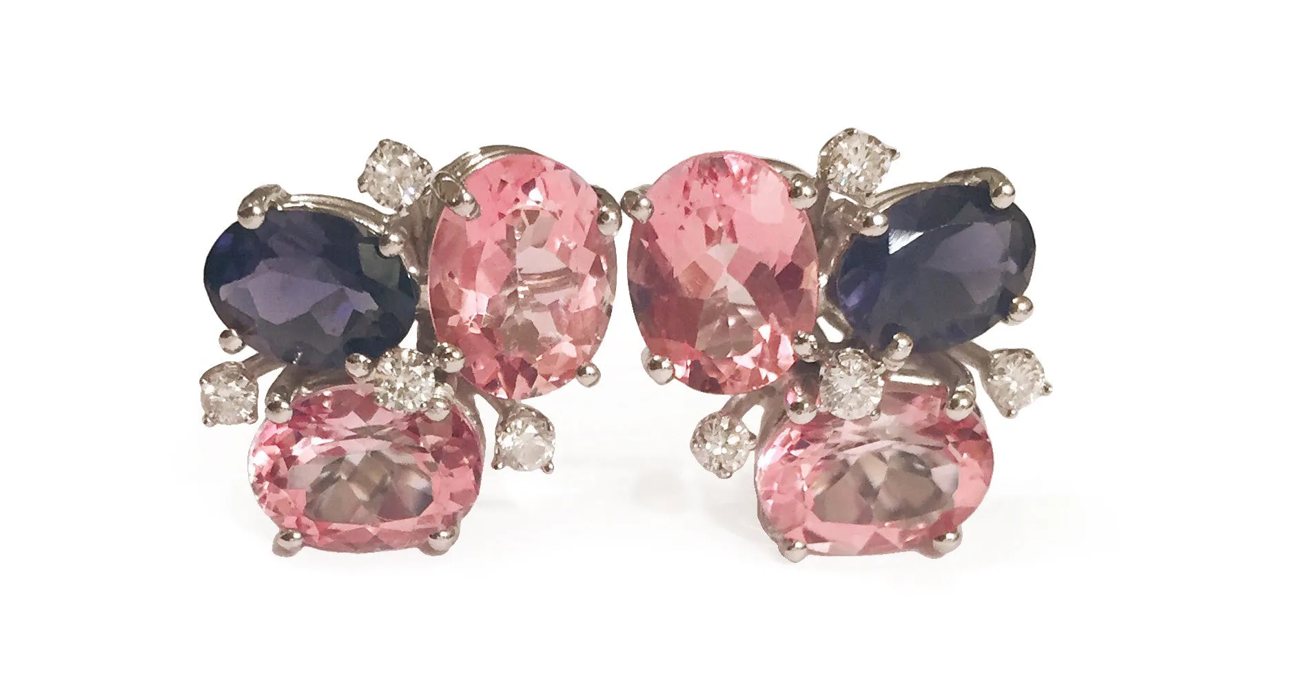 Pink Topaz Iolite Diamond Gold Mini Pebble Earrings