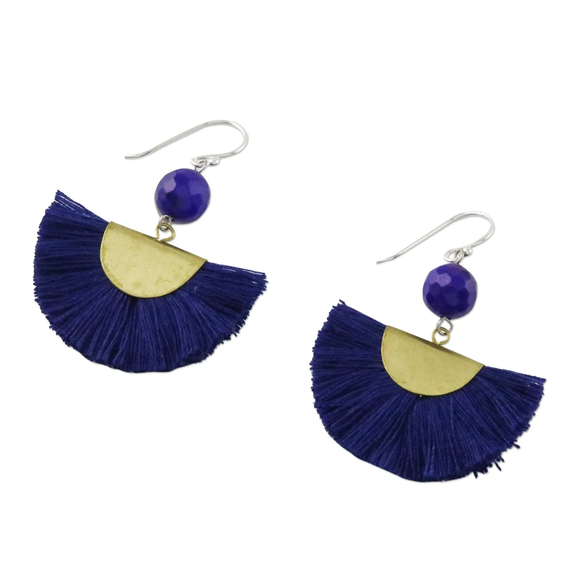 Quartz and Brass Bead Dangle Earrings with Cotton Fringe - Festival in Ultramarine | NOVICA