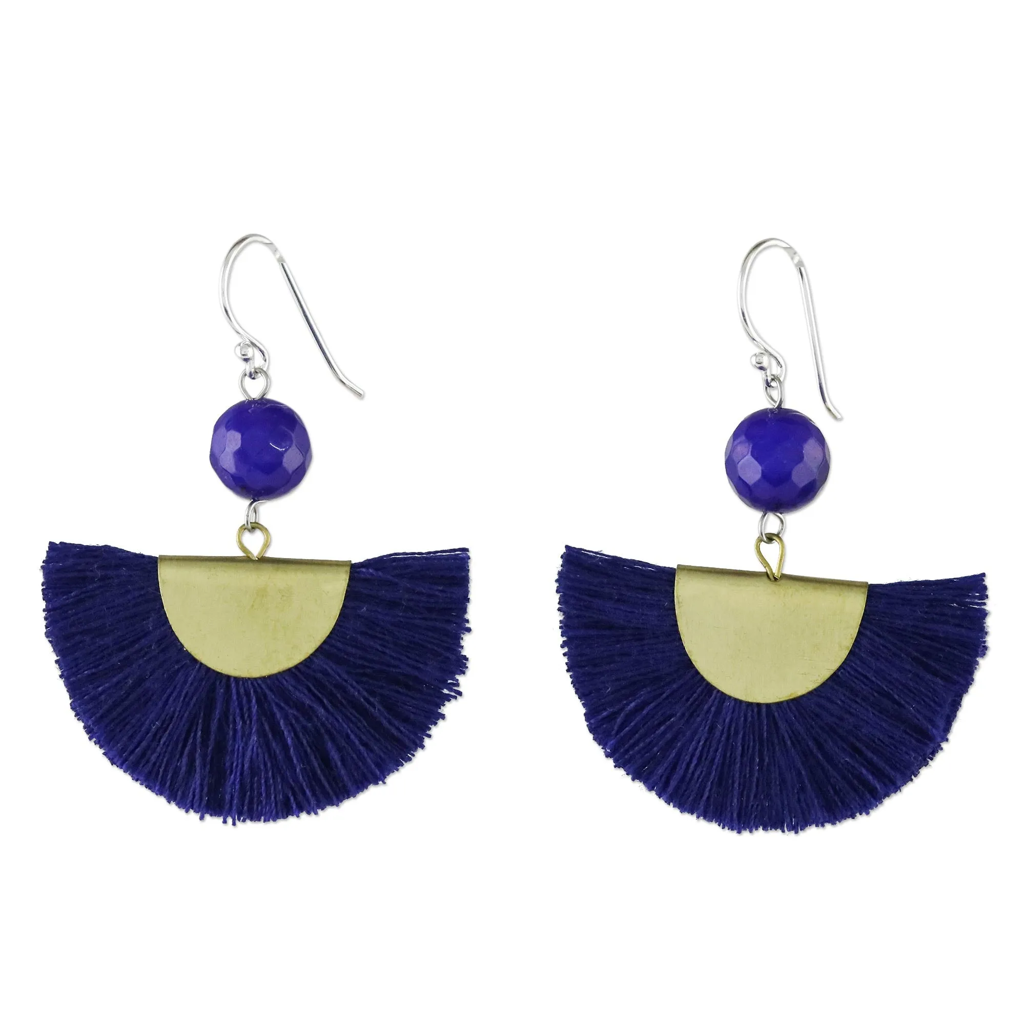 Quartz and Brass Bead Dangle Earrings with Cotton Fringe - Festival in Ultramarine | NOVICA