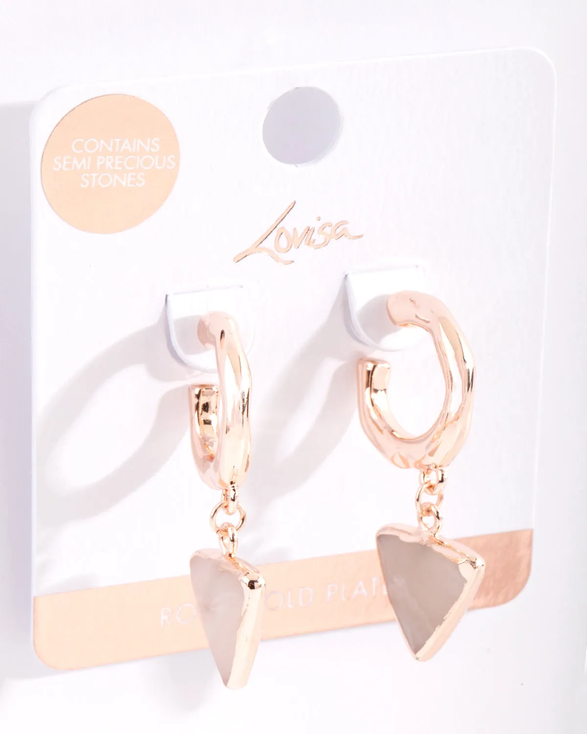 Real Rose Gold Plated Rose Quartz Triangle Hoop Earring