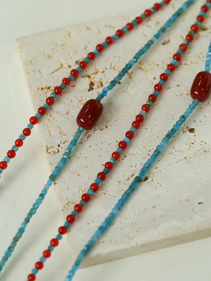 Red Agate Beads and Blue Apatite Beads Necklace