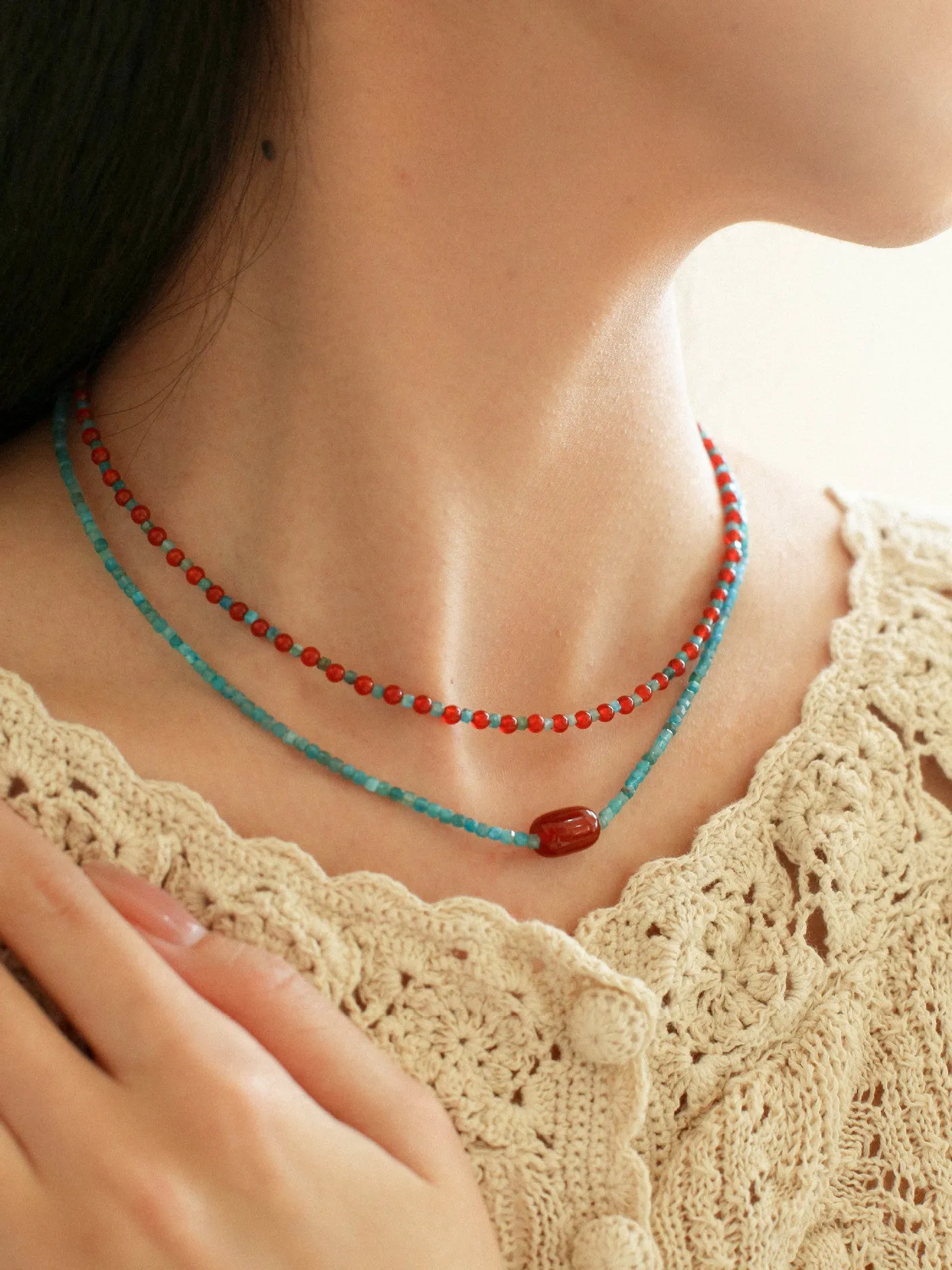 Red Agate Beads and Blue Apatite Beads Necklace