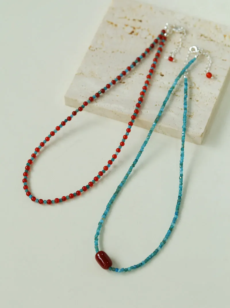 Red Agate Beads and Blue Apatite Beads Necklace