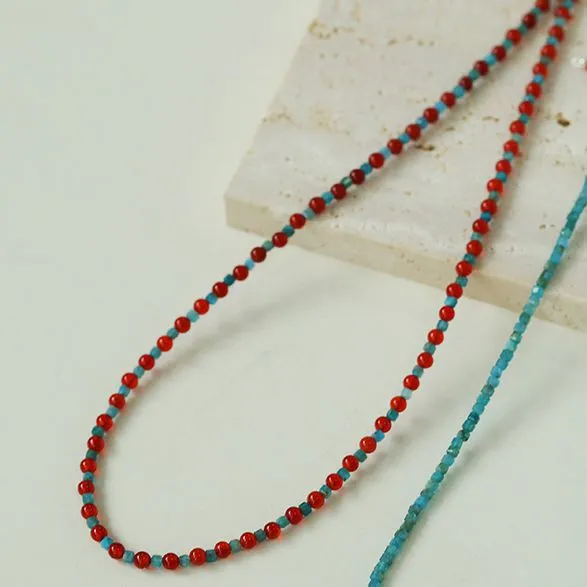 Red Agate Beads and Blue Apatite Beads Necklace