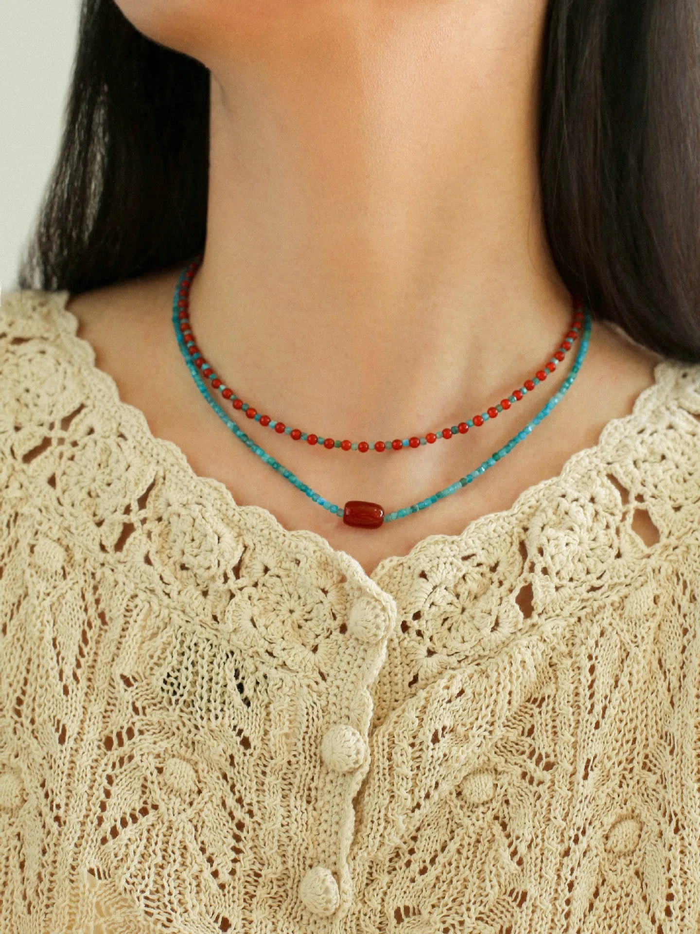 Red Agate Beads and Blue Apatite Beads Necklace