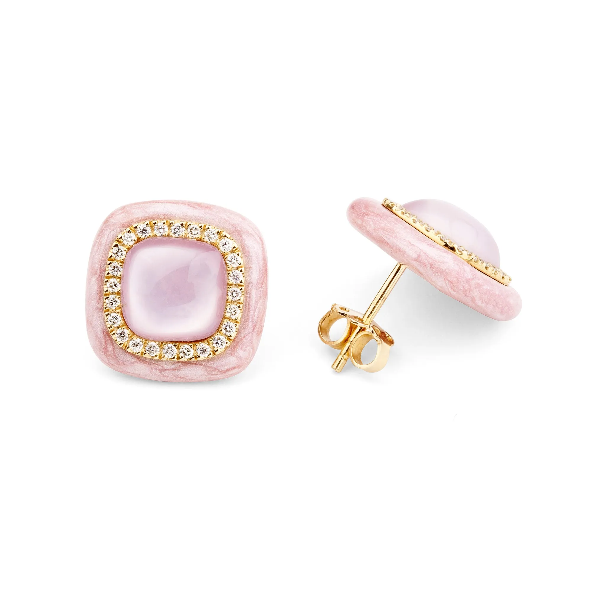 Rose pink enamel 18k yellow gold diamond earrings