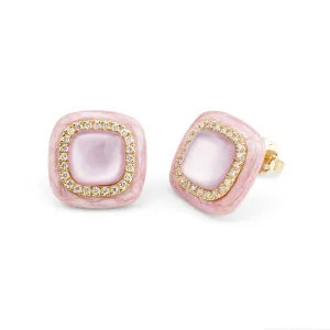 Rose pink enamel 18k yellow gold diamond earrings