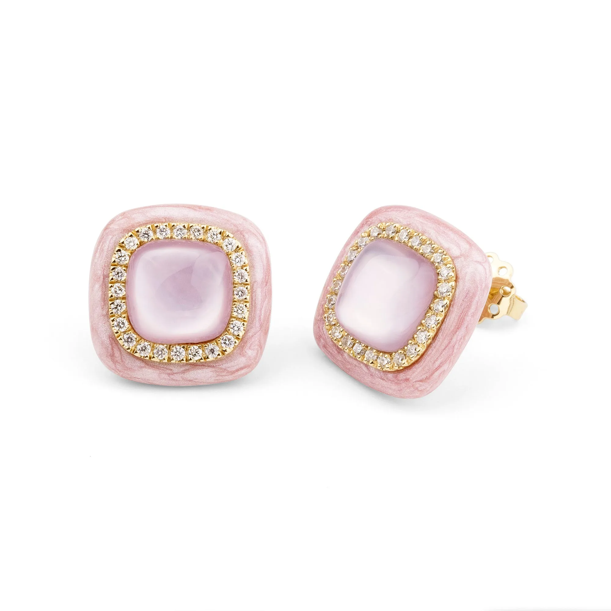 Rose pink enamel 18k yellow gold diamond earrings