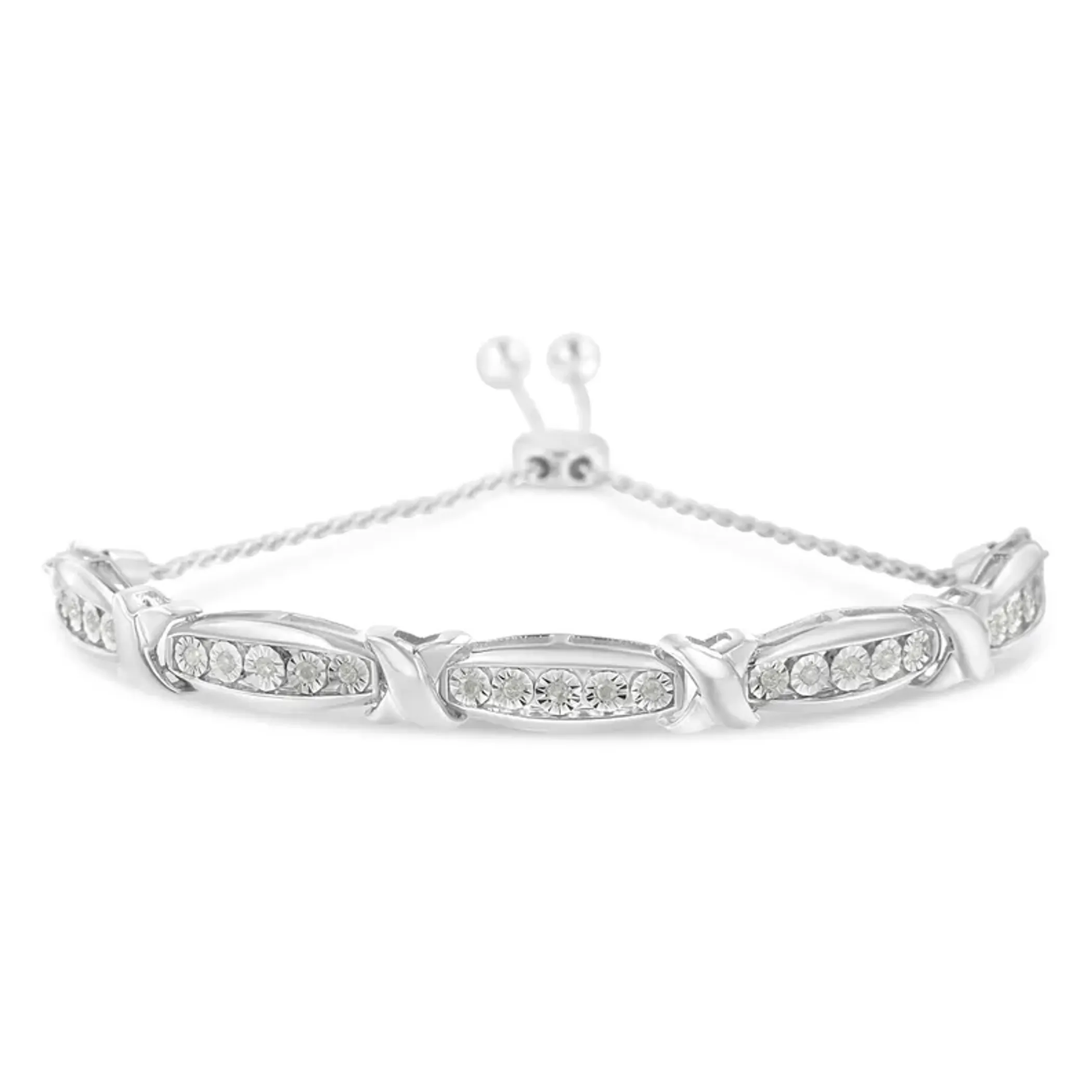 Round-Cut Diamond X & Tapered Bar Miracle-Set Bolo Bracelet (I-J Color, I3 Clarity) - .925 Sterling Silver