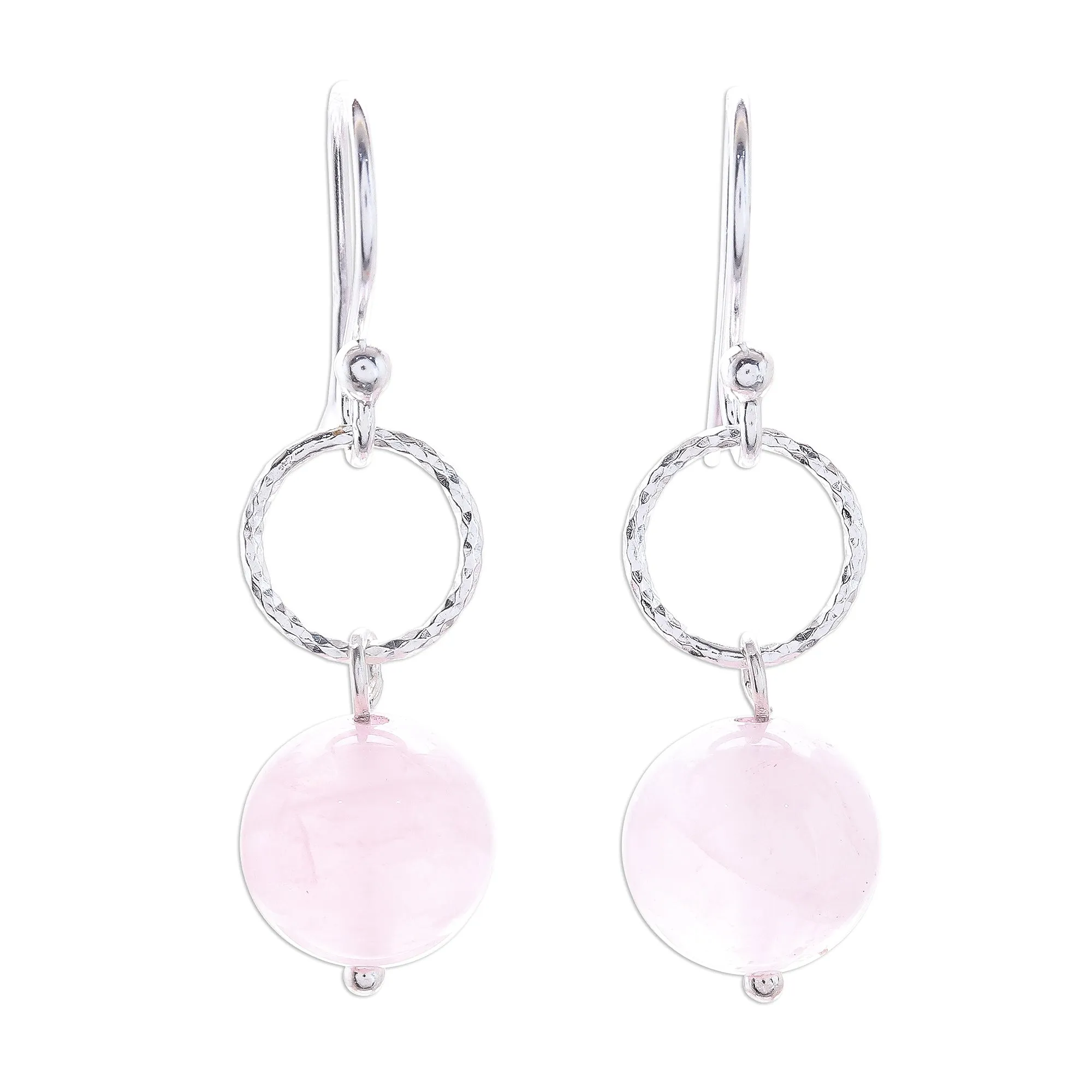 Round Rose Quartz Dangle Earrings Crafted in Thailand - Ring Shimmer | NOVICA