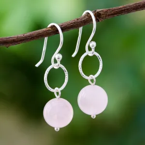 Round Rose Quartz Dangle Earrings Crafted in Thailand - Ring Shimmer | NOVICA