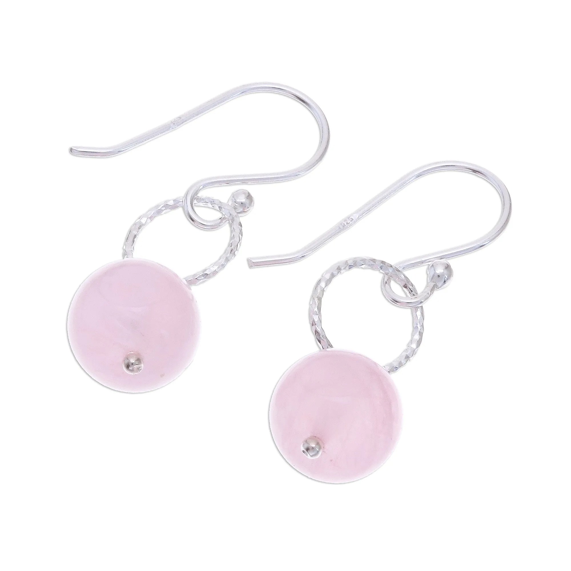 Round Rose Quartz Dangle Earrings Crafted in Thailand - Ring Shimmer | NOVICA