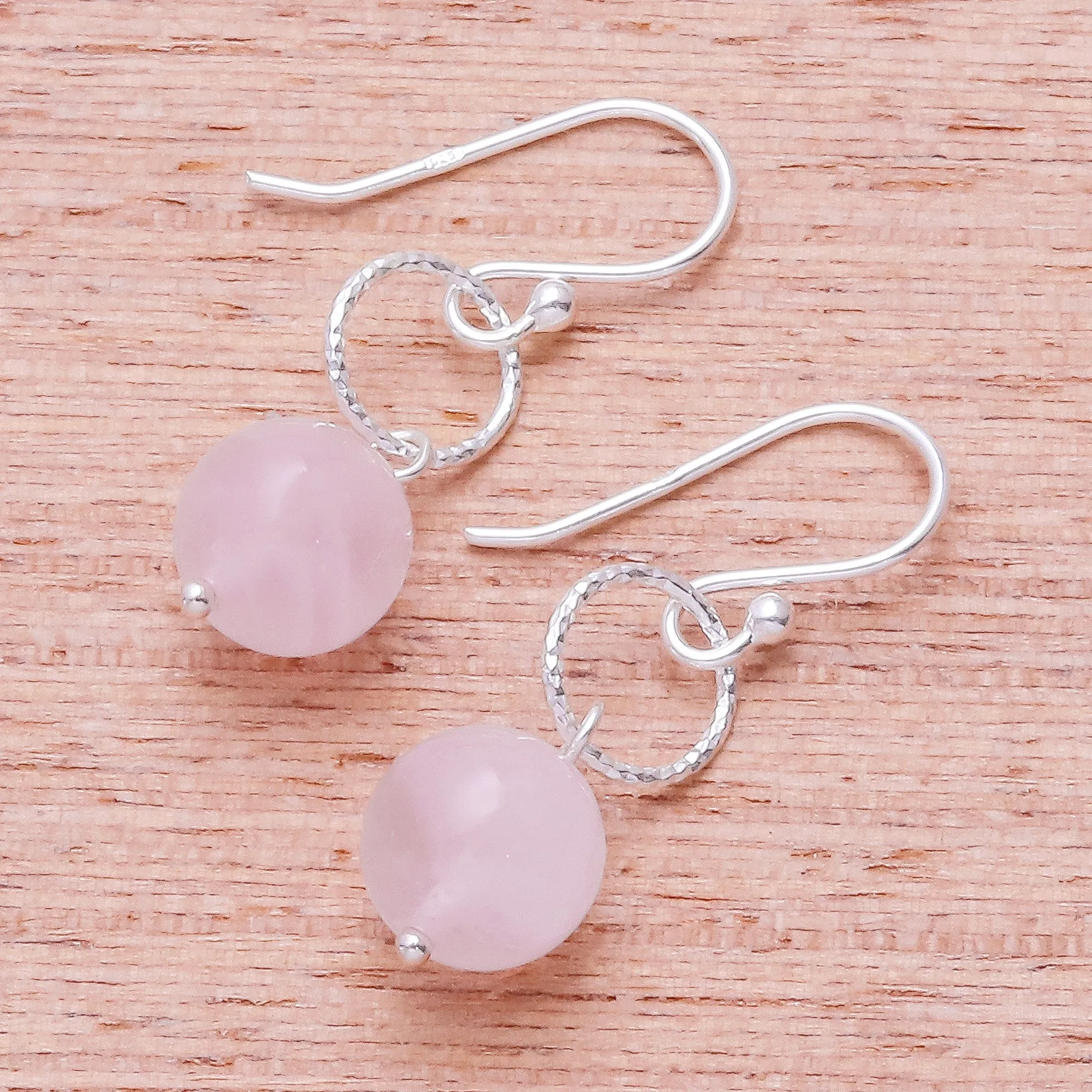 Round Rose Quartz Dangle Earrings Crafted in Thailand - Ring Shimmer | NOVICA