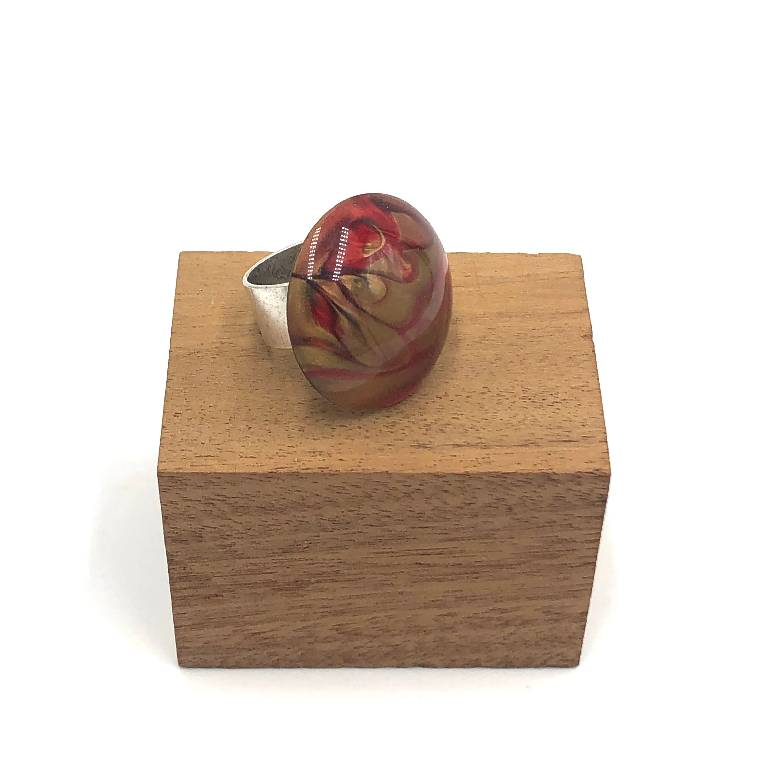 Ruby & Gold Marbled Lucite Silver Cocktail Ring