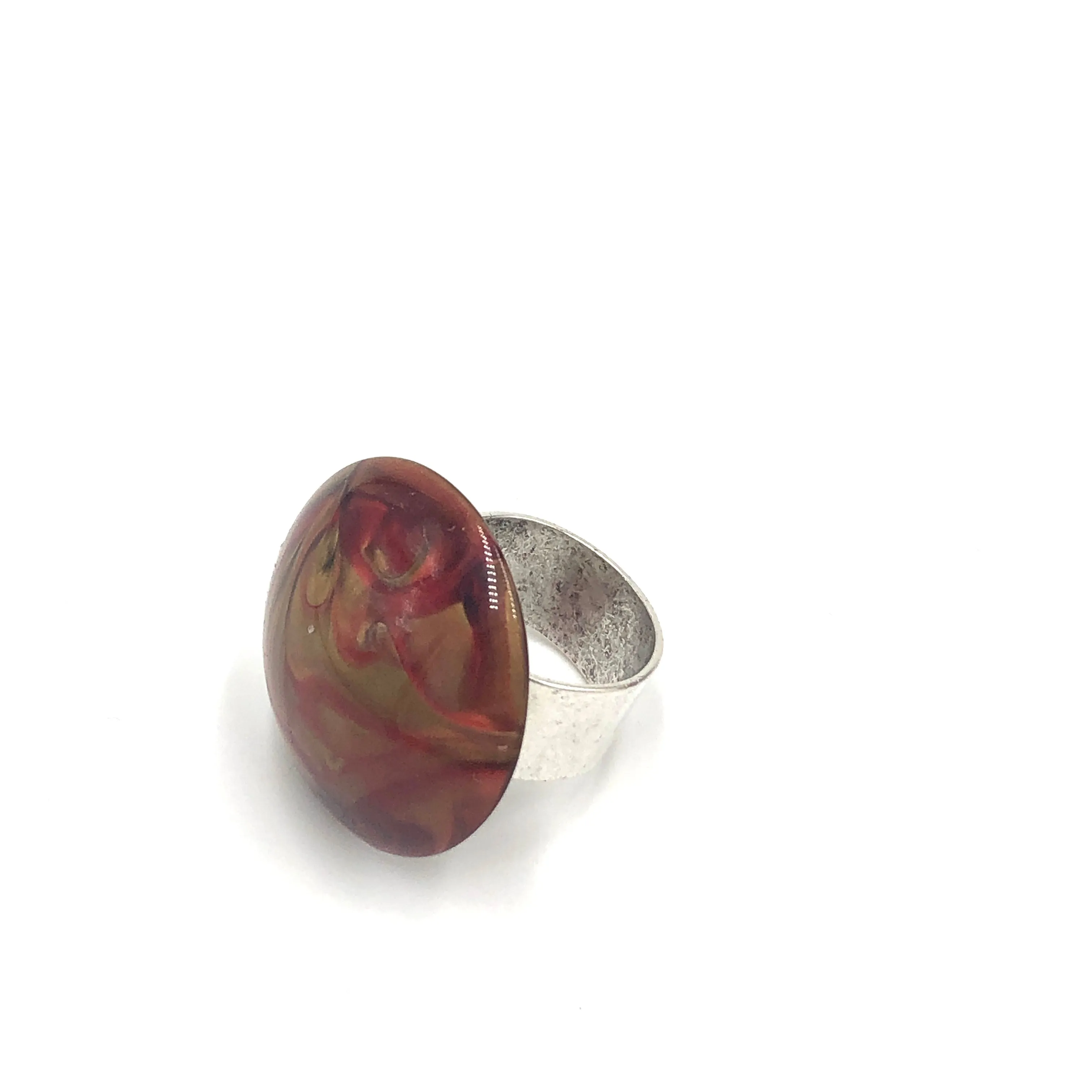 Ruby & Gold Marbled Lucite Silver Cocktail Ring