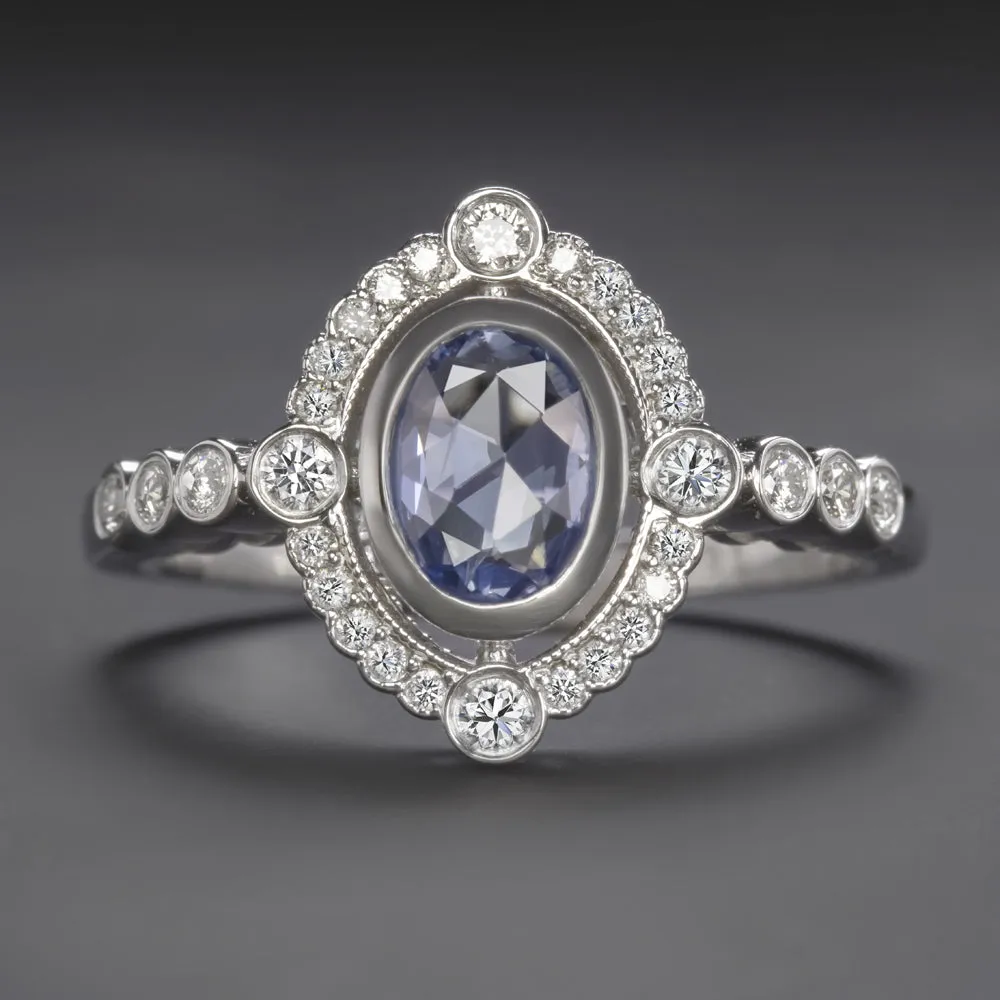 SAPPHIRE DIAMOND VINTAGE STYLE COCKTAIL RING WHITE GOLD ROSE CUT HALO NATURAL