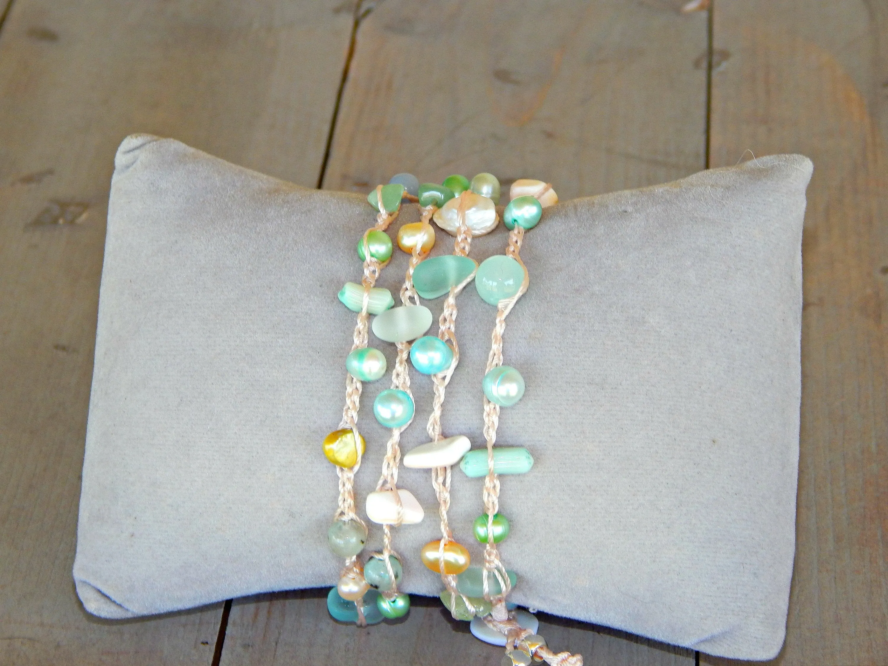 Seafoam Seaglass, Shell and Pearl Wrap Bracelet, Anklet, Necklace