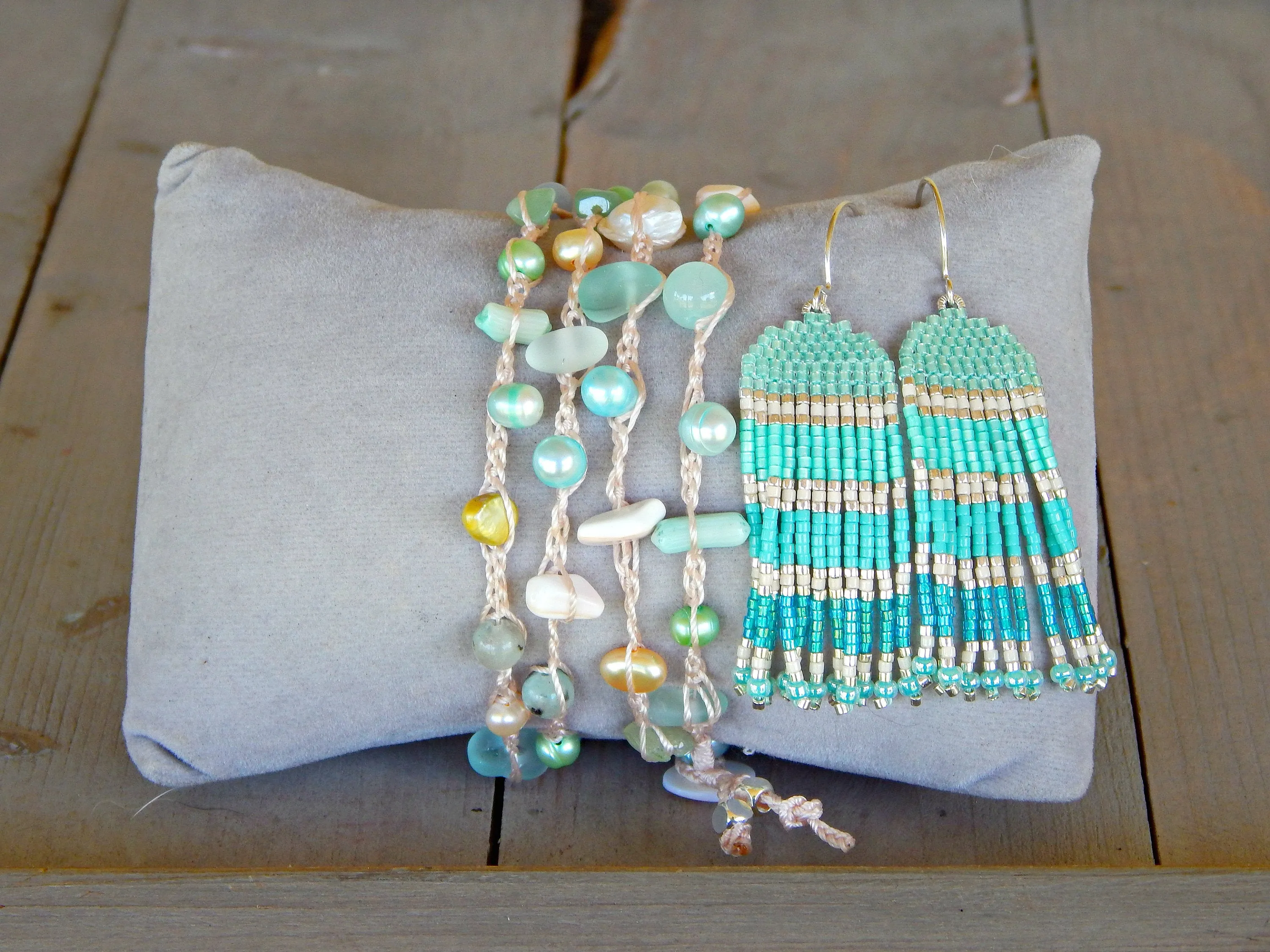 Seafoam Seaglass, Shell and Pearl Wrap Bracelet, Anklet, Necklace