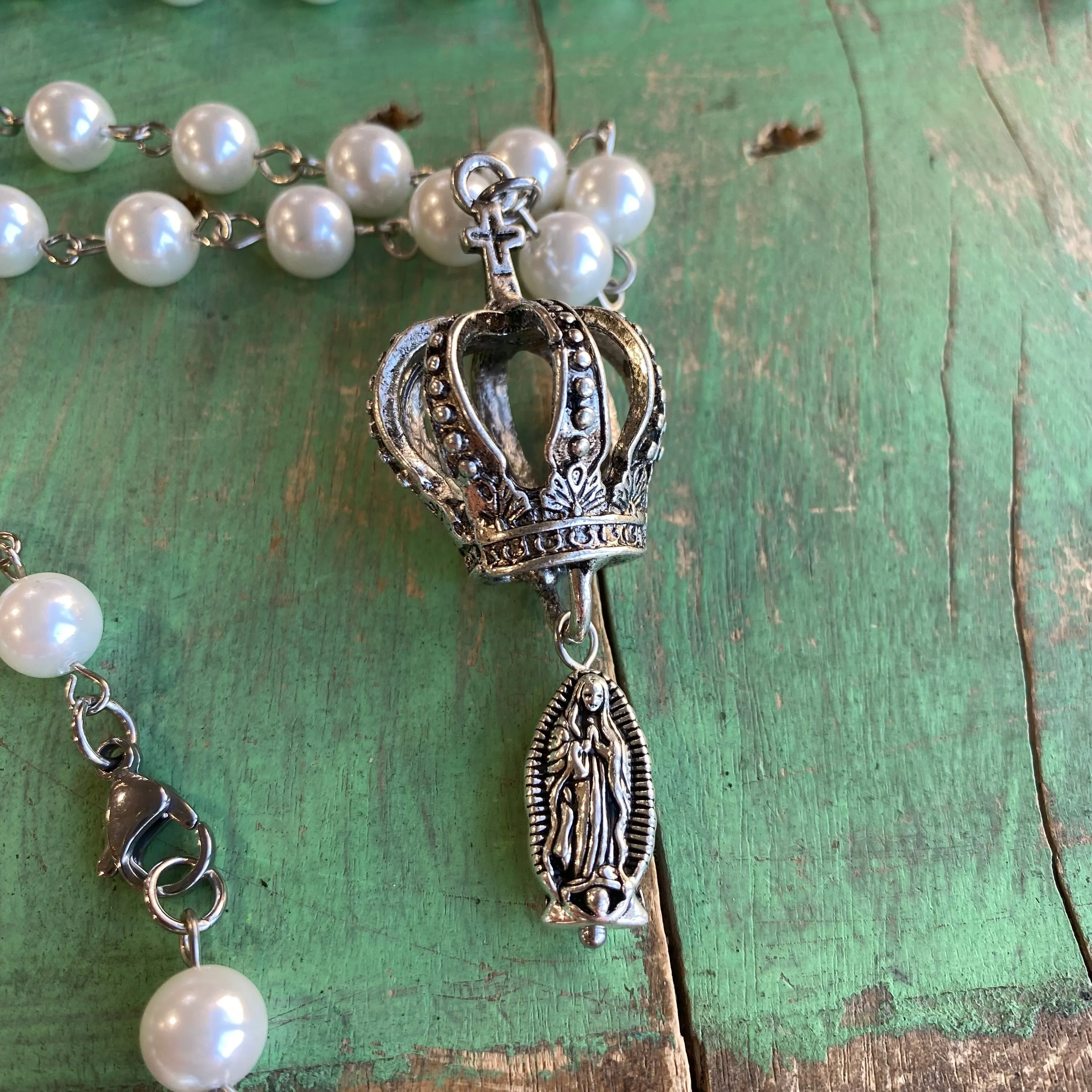 Silver Crown of Mary Pearl Necklace Set