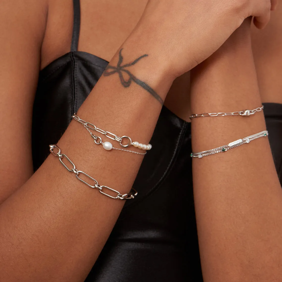 Silver Pearl Chunky Link Chain Bracelet 