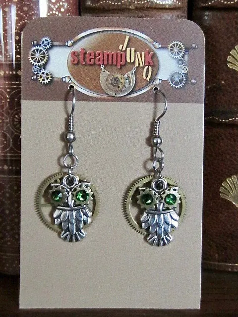 Steampunk owl earring - Steampunk earrings - Owls Emerald Swarovski Crystals