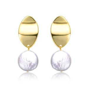 Sterling Silver 14k Yellow Gold Plated with White Coin Pearl Dangle Drop Marquise Medallion Earrings