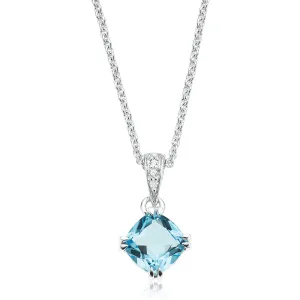 Sterling Silver Cushion & Round Brilliant Cut Blue Topaz & Diamond Set Pendant