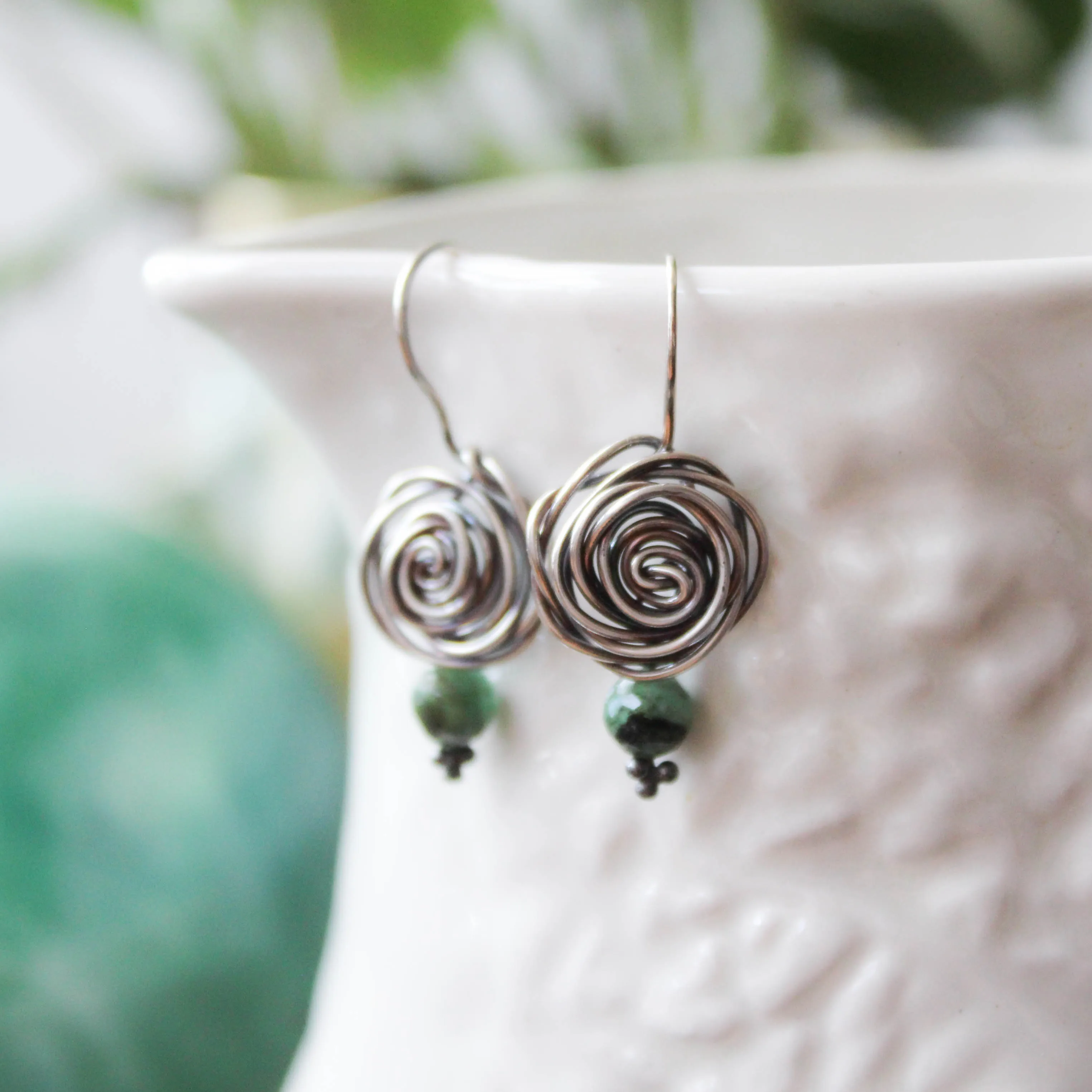 Sterling Silver Glasgow Rose Earrings with Faceted Emeralds