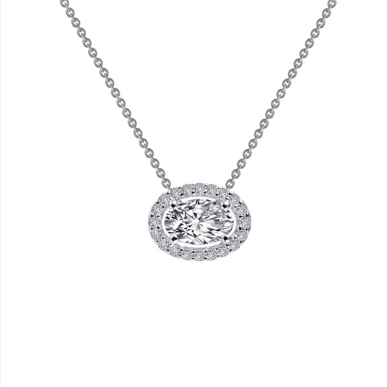 Sterling Silver Oval Simulated Diamond Halo Necklace