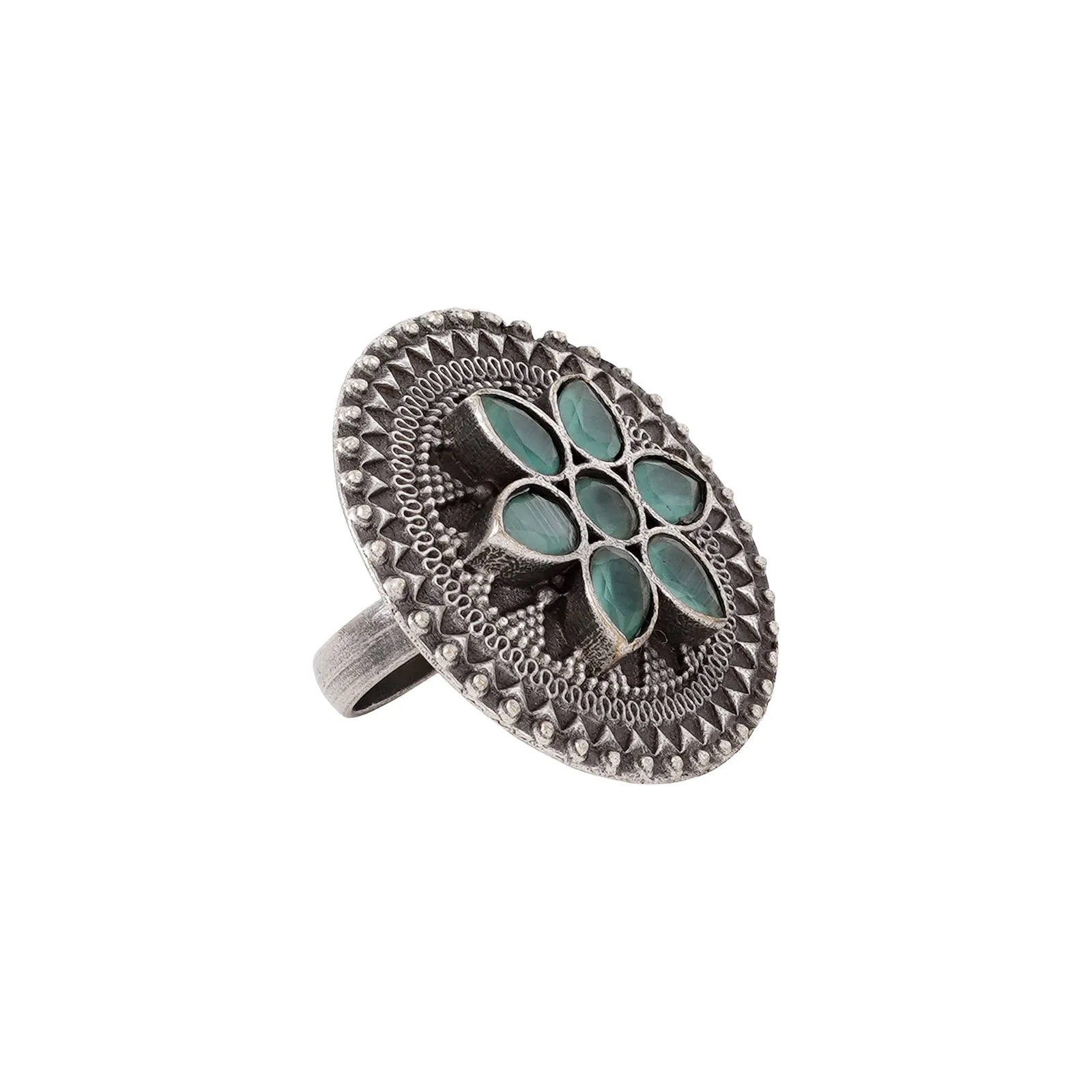 Teejh Diava Silver oxidised Sea Green Stone Ring