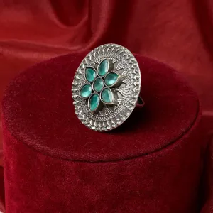 Teejh Diava Silver oxidised Sea Green Stone Ring