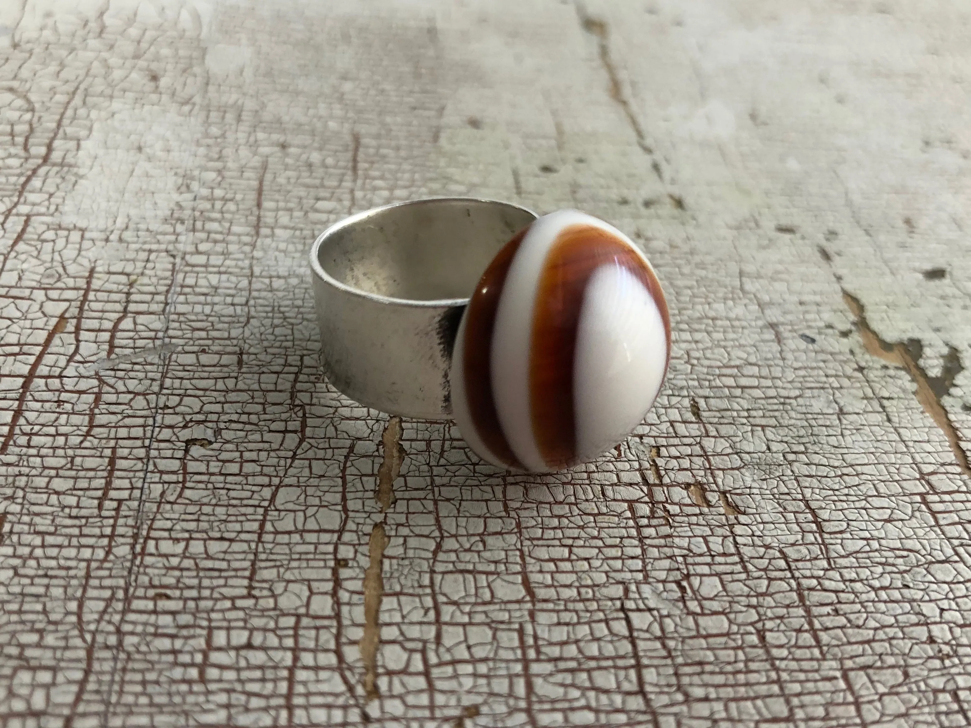 Tortoise & Cream Bullseye Lucite Silver Cocktail Ring