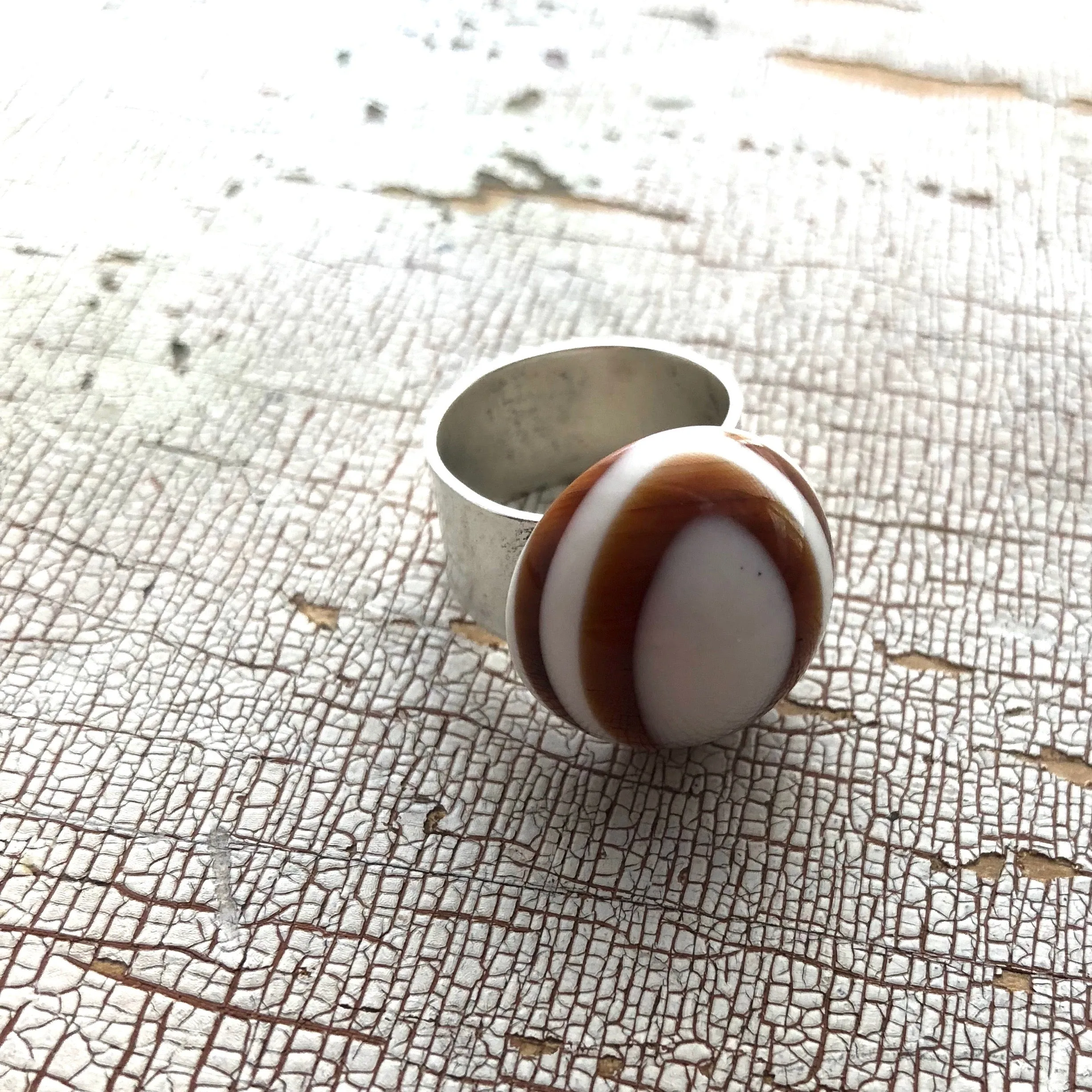 Tortoise & Cream Bullseye Lucite Silver Cocktail Ring