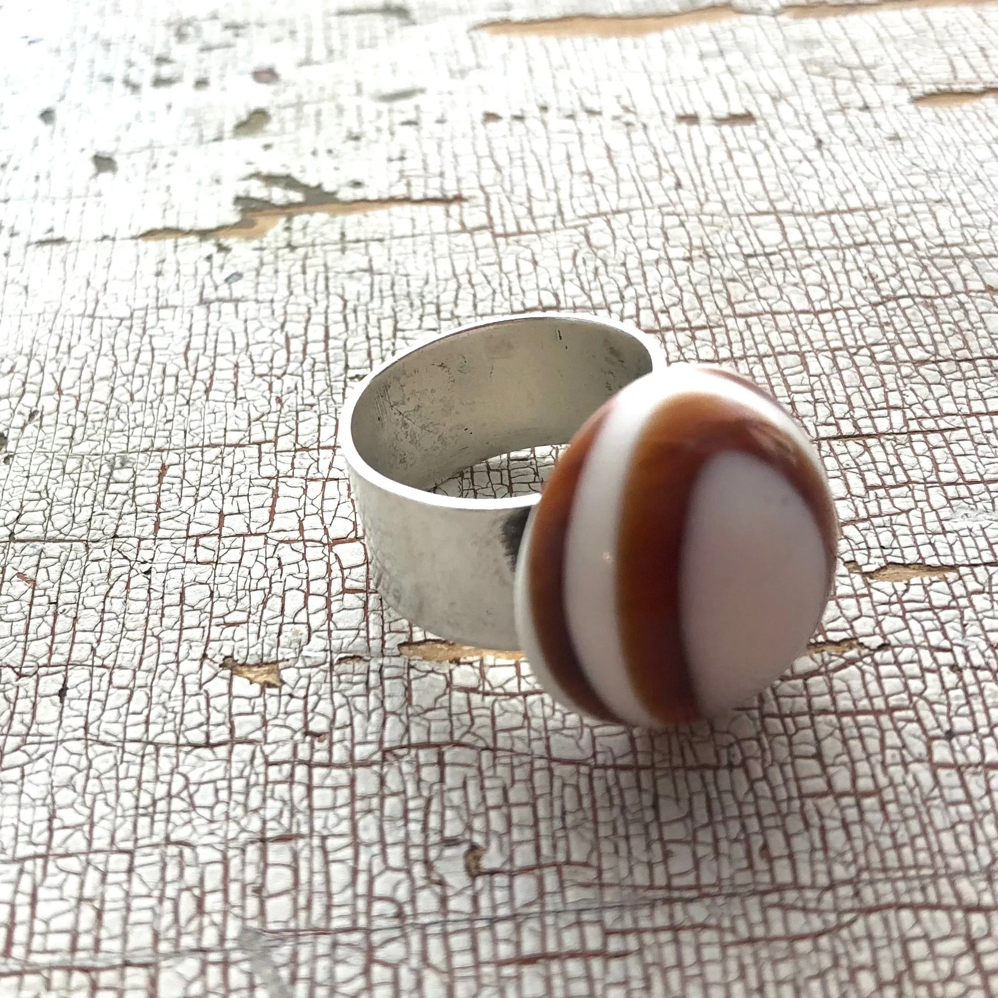 Tortoise & Cream Bullseye Lucite Silver Cocktail Ring