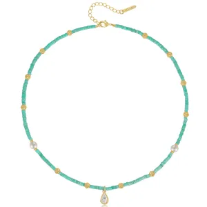 Turquoise Natural Stone Colorful Boho Seed Bead Necklace Teardrop CZ