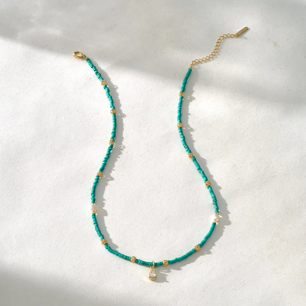 Turquoise Natural Stone Colorful Boho Seed Bead Necklace Teardrop CZ