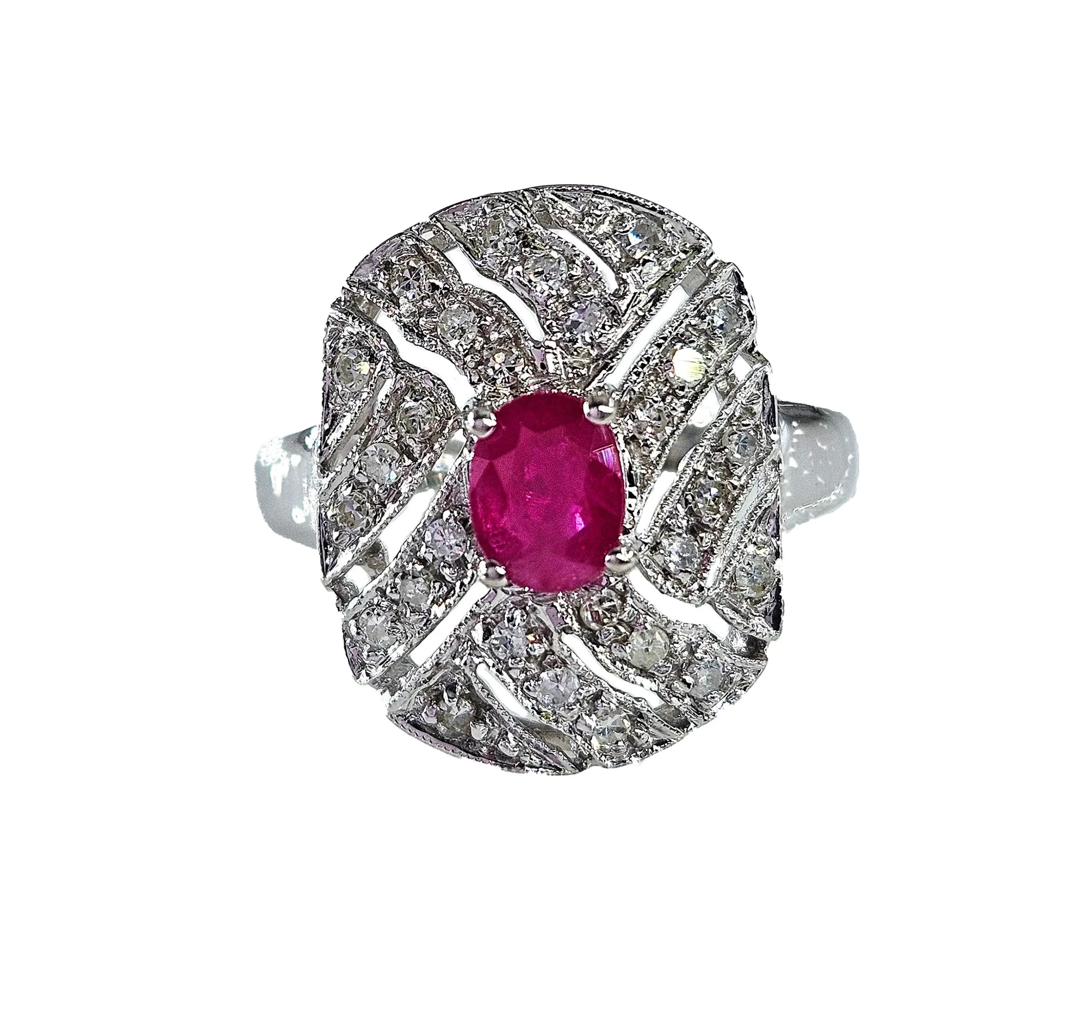 Vintage Art Deco Style 0.75Carat Oval Ruby and Diamond 14k White Gold Ring